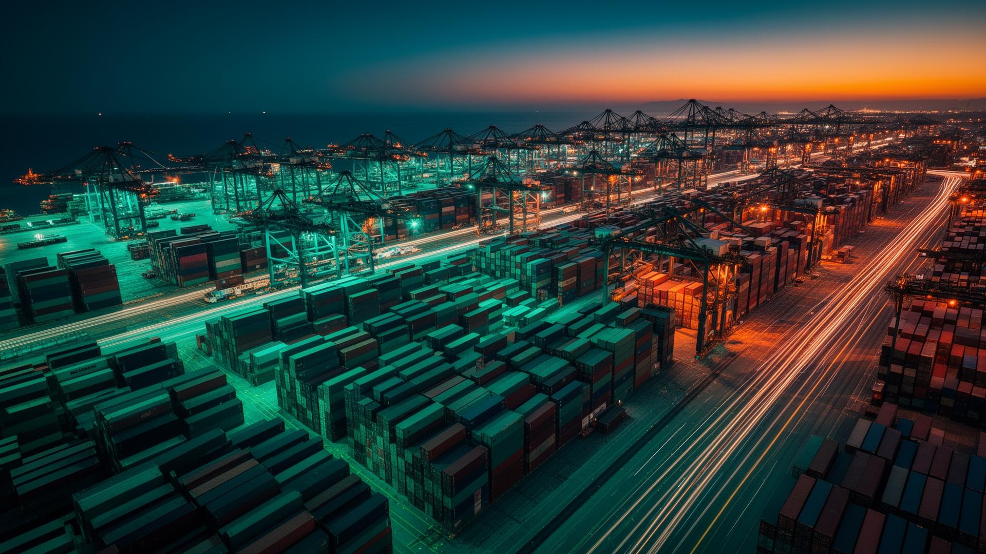 Aerial twilight view of a global container port — symbolizing INKEIROS cross-border supply chain operations